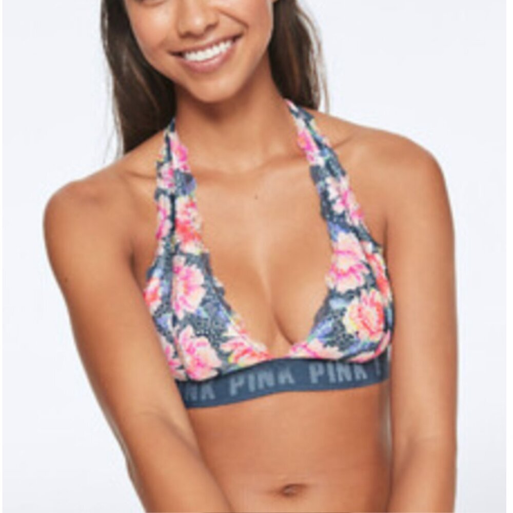 Victoria's Secret Bralette Size Large Blue Floral Lace Wireless Adjustable
